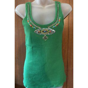 LAUNDRY Shelli Segal Women Green Ribbed Tank Top Medium Beading Design EUC